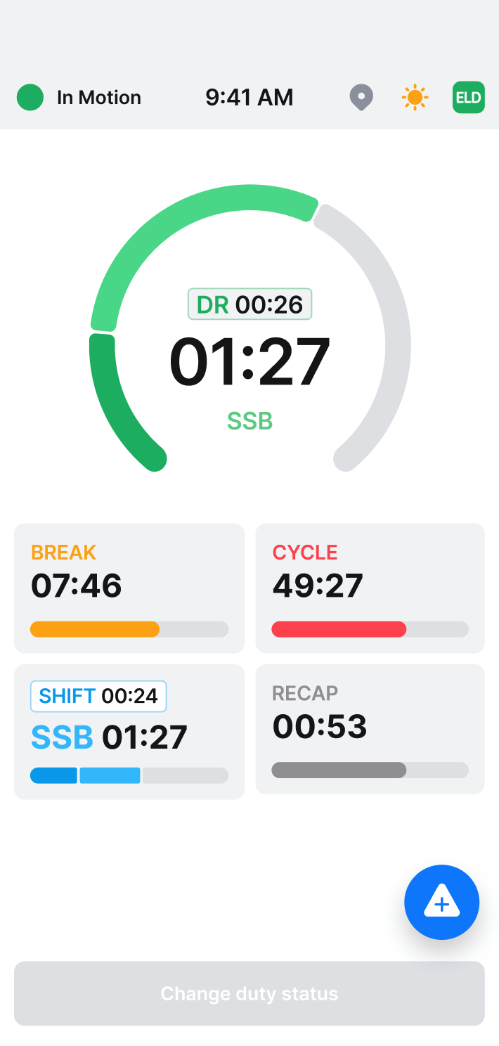 FleetVision driver app — HOS clock screen