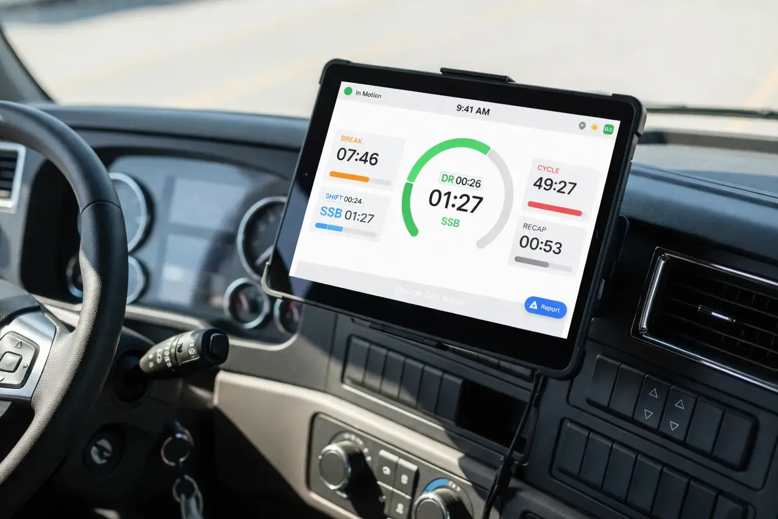 ELD tablet mounted on truck dashboard